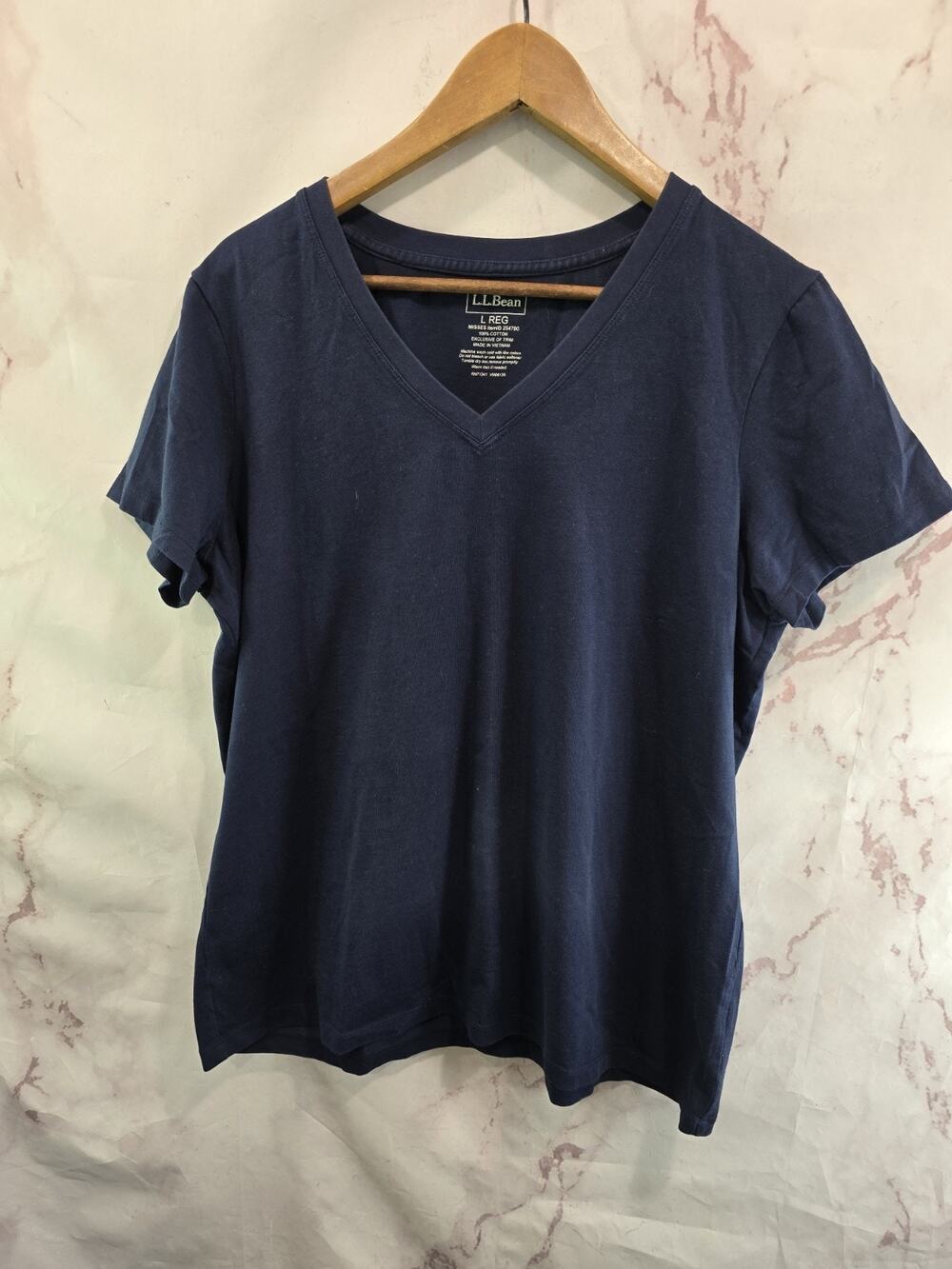 LL Bean Shirt Womens Large Regular Navy Blue Short Sleeve V Neck
